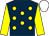 Dark blue, yellow spots and sleeves, white cap