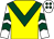 Yellow, dark green chevron, white sleeves, dark green chevrons, white cap, dark green spots