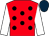 Red, black spots, white sleeves, dark blue cap