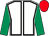 White, black seams, emerald green sleeves, red cap