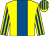 Yellow, royal blue panel, striped sleeves & cap