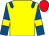 Yellow, royal blue epaulets, royal blue sleeves, yellow armlets, red cap