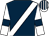 dark blue, white sash, dark blue armbands on white sleeves, striped cap