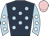 dark blue, light blue spots, white spots on light blue sleeves, pink cap