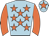 light blue, orange stars, orange sleeves,  orange star on cap