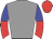 grey, blue and red halved sleeves, red cap