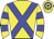 Yellow body, blue cross belts, yellow arms, blue hooped, yellow cap, blue hooped