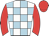 white, light blue check, red sleeves and cap