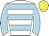 White body, soft blue hooped, soft blue arms, yellow cap
