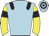 light blue, black epaulets, yellow arms, black armlets, light blue cap, black hooped
