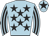 light blue, black stars, striped sleeves, black star on cap