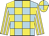 Light blue & yellow check, yellow & white striped sleeves, light blue & yellow quartered cap