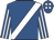 Royal blue, white sash, striped sleeves, royal blue cap, white spots