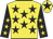 Yellow, black stars, black sleeves, yellow stars, yellow cap, black star