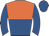orange and royal blue halved horizontally, royal blue sleeves and cap