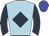 light blue, dark blue diamond, dark blue arms, blue cap