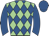 Light green, blue diamonds, blue sleeves, blue cap