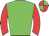 Green body, red arms, red cap, green quartered