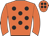 Orange body, black spots, orange arms, orange cap, black spots