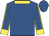Royal blue, royal blue sleeves, yellow seams, collar and cuffs, royal blue cap