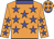 Dayglo orange, blue stars and collar, dayglo orange cap, blue stars and peak