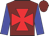 Bright yellow, red maltese cross, blue sleeves, bright yellow cap