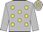 Dark grey, gold spots, dark grey sleeves, dark grey cap, gold spots