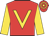 Red, gold v bib and sleeves, hooped cap