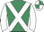 emerald green, white cross sashes, white sleeves, quartered cap