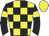 yellow, black checks, black sleeves, yellow armlets, yellow cap