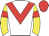 white, red chevron, yellow sleeves, red armlets and cap