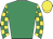 Emerald green, yellow checked sleeves, yellow cap