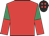 Red, emerald green and red halved sleeves, black cap, red spots