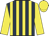 Dark blue and yellow stripes, yellow sleeves and cap