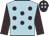 Light blue, brown spots and sleeves, brown cap, light blue spots