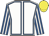 White, royal blue seams, royal blue and white striped sleeves, yellow cap
