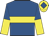 Royal blue, yellow hoop, halved sleeves, yellow cap, royal blue diamond