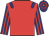 Red, purple epaulets, purple and red striped sleeves, hooped cap