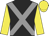 Black, grey cross belts, yellow sleeves and cap