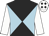 Black and light blue diabolo, white sleeves, white cap, black diamonds