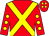 red, yellow cross belts, yellow spots on sleeves and cap