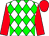 White, green diamonds, red arms, red cap