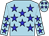 light blue, blue stars, light blue sleeves, blue stars, light blue cap, blue stars