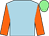 light blue, orange sleeves, light green cap