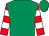 Emerald green, red & white hooped slvs, emerald green cap