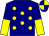 Navy blue, yellow spots, yellow halved sleeves, quartered cap