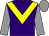 Purple, yellow chevron, grey sleeves and cap