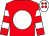 Red, white disc, hooped sleeves, white cap, red spots