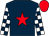 dark blue, red star, dark blue and white checked sleeves, red cap