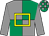 Grey and Emerald Green quartered, yellow hollow box, Grey sleeves, emerald green and grey checked cap